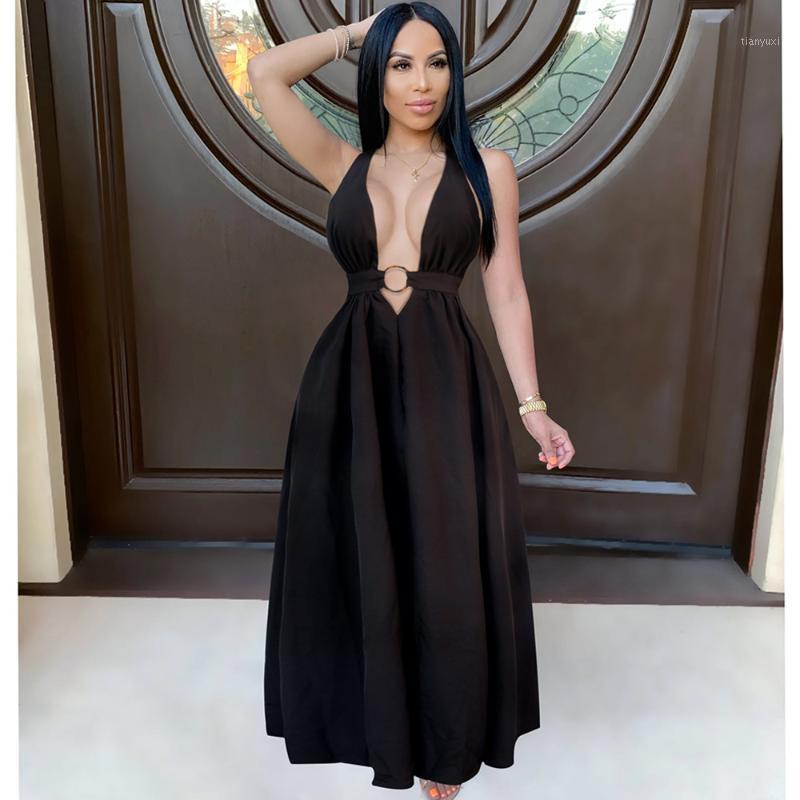 

Casual Dresses Black/blue Backless Round Buckle Bohemian Dress For Women Deep V Neck Sleeveless Beach Summer Fit And Flare Boho