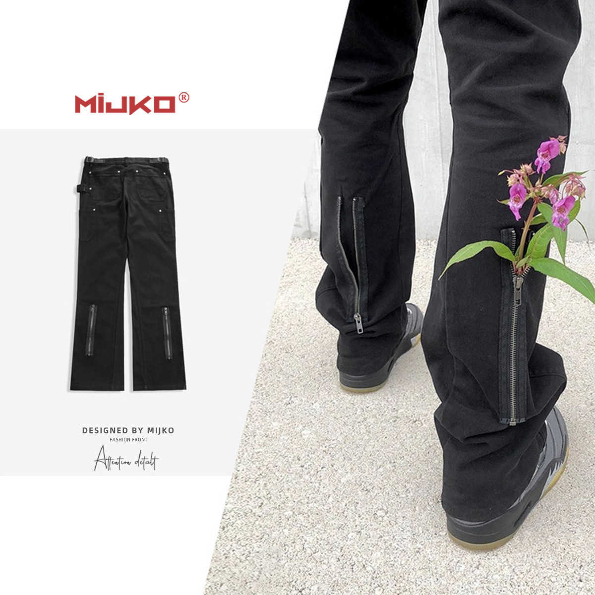 

Men's Pants [Big sale]Autumn and winter new high street back pocket zipper straight pants vibe heavy industry flared pants, Black