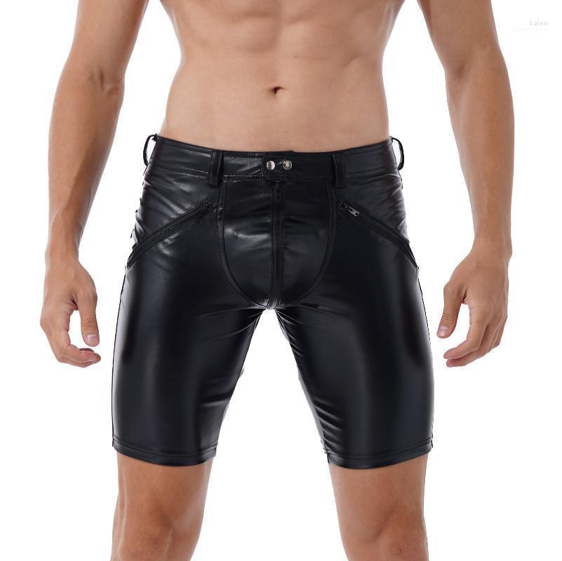 

Men's Shorts Fashion Men Sexy Soft Leather Middle Pants Full Zipper Front Button Snap Closure Workout Gym Sport ClubwearMen's, Black
