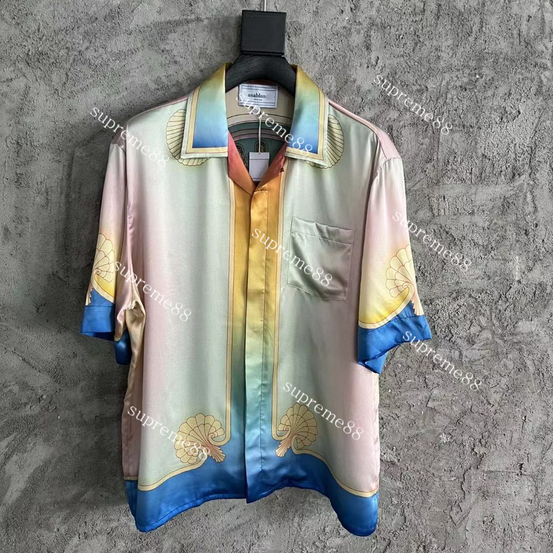 Casablanca Letter Seaside Sunrise Printing Shirts Men Fashion Pocket Silk Short Sleeve Shirt 22 Summer Autumn Tide New T-shirts