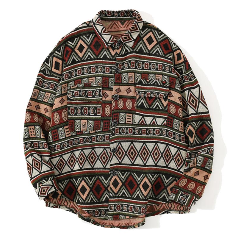 

Men' Casual Shirts Harajuku Hip Hop Long Sleeve Shirt Geometric Square 2022 National Style Knit Streetwear Autumn CottonMen, Multicolor