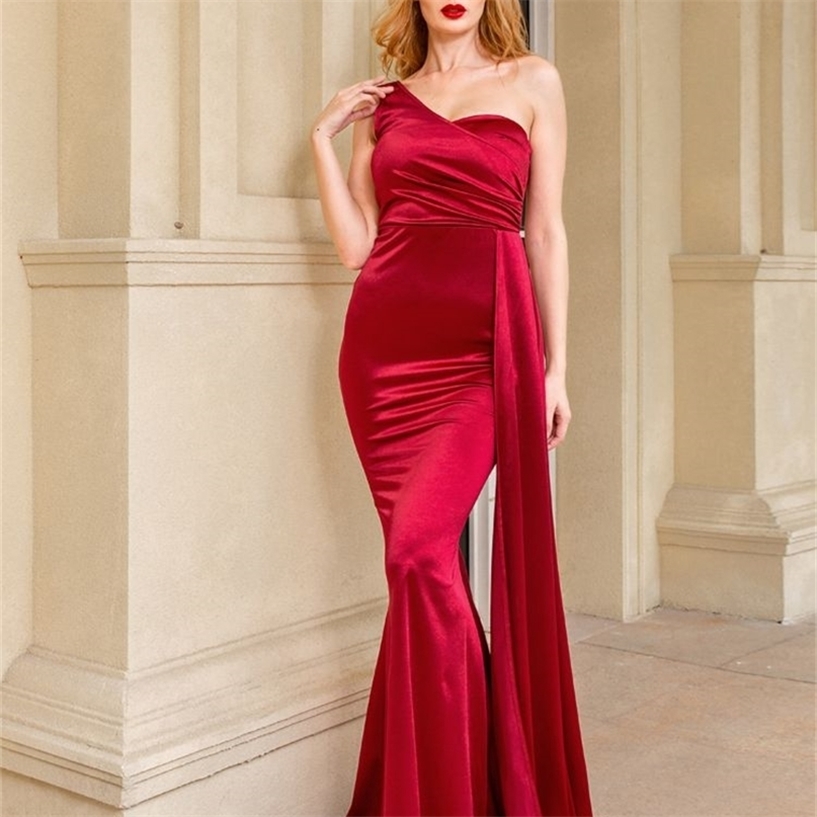 

One Shoulder Padded Sexy Satin Maxi Dress Women' Evening Party Gown with Ribbon Royal Blue Green Draped Long 220418, Burgundy