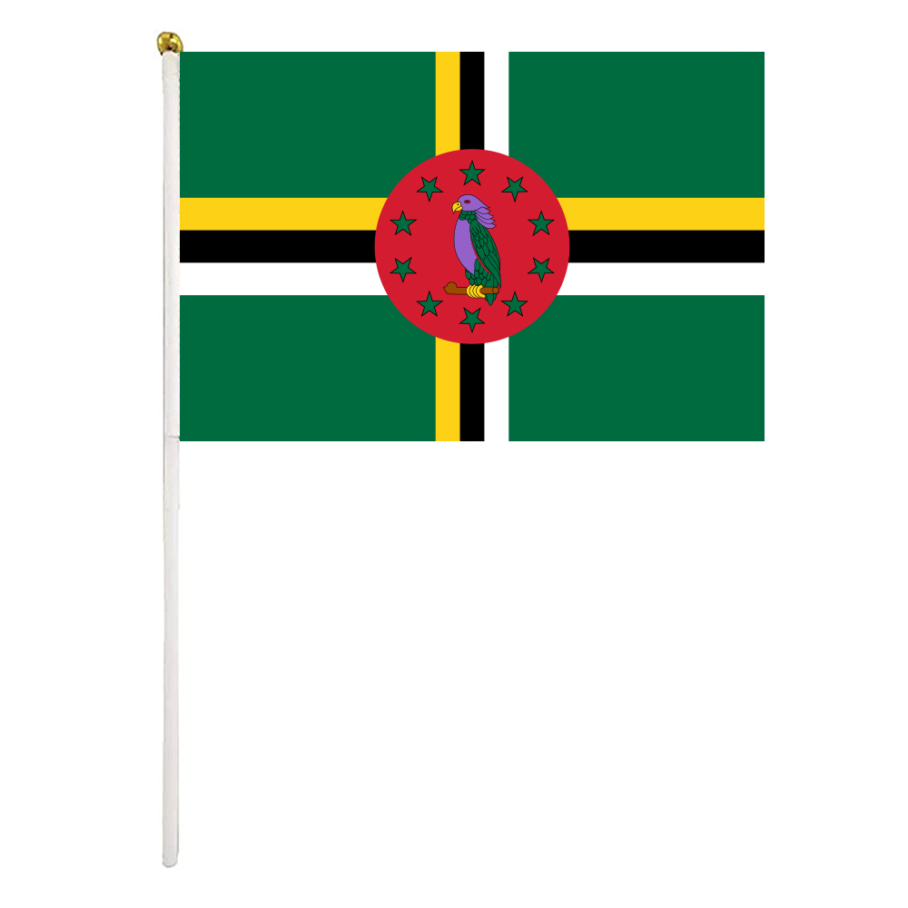 

Dominica Hand Waving Flag 14X21CM Premium Polyester Mini World Country Flag Banner With Plastic Flagpole