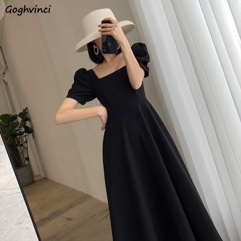 

Short Puff Sleeve Dress Women Black Elegant High Waist Square Collar Party Chic Fashion Female French Style Retro Trendy
