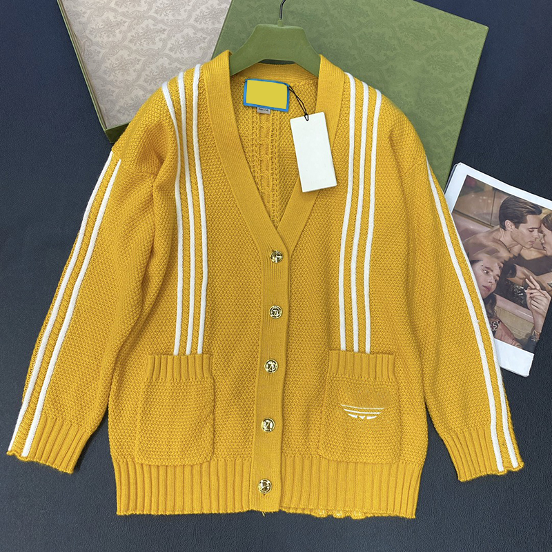 

Yellow Knit Sweaters Women Stripe Cardigan Coat Fashion Pocket Pattern Sweater Winter Fall Warm Coats Jacket