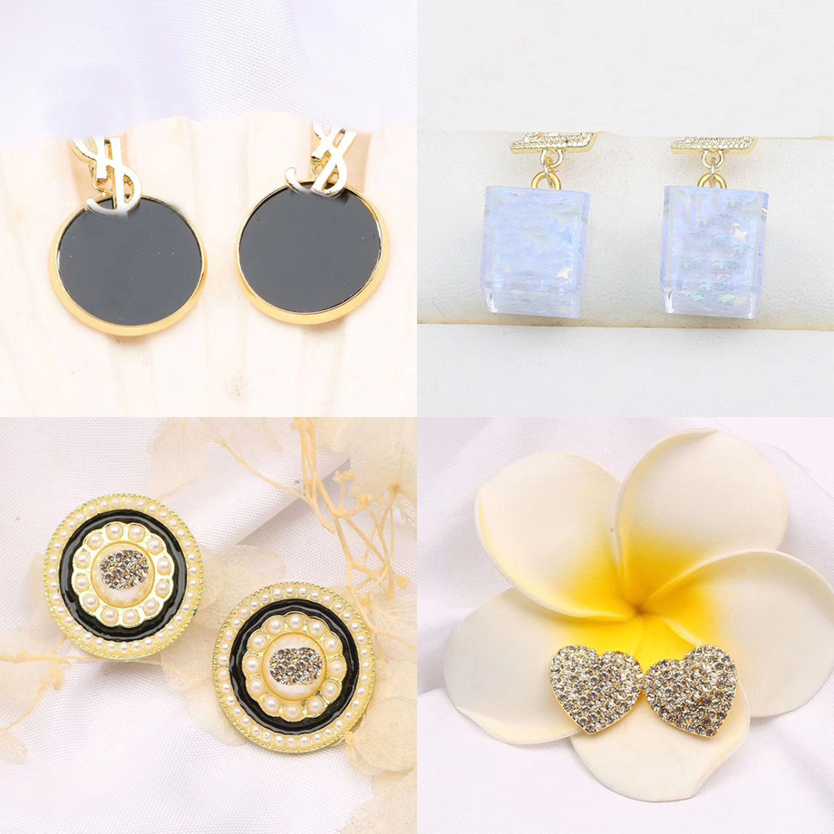 18K Gold Plated 925 Silver Luxury Brand Designers Stud Heart Geometric Famous Women Round Crystal Rhinestone Pearl Earring Wedding Party Jewerlry