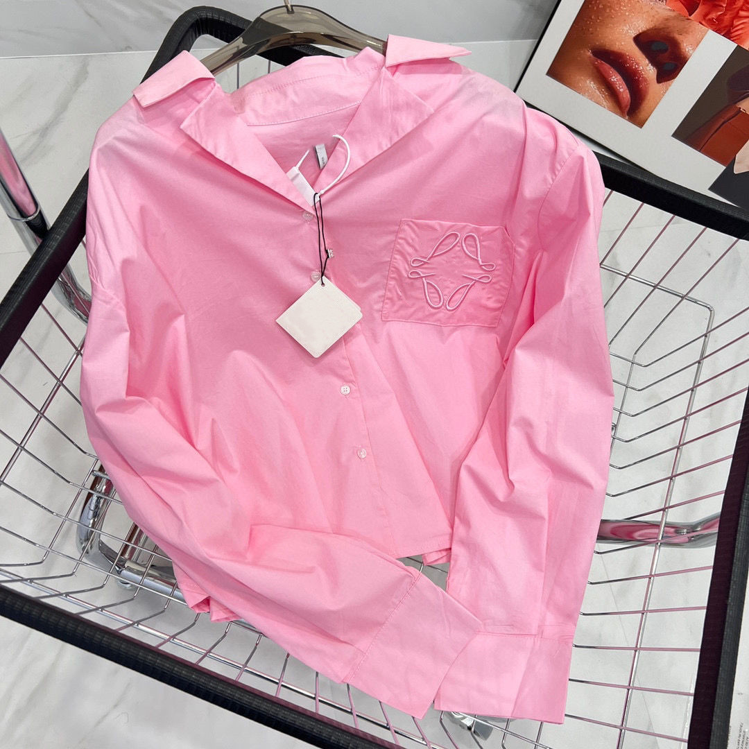 2022 Pink Shirt Blouses Women's Shirts Buckle Lapel Embroidery Loose New Fasion Long Sleeve Pocket S M L-image-790039627