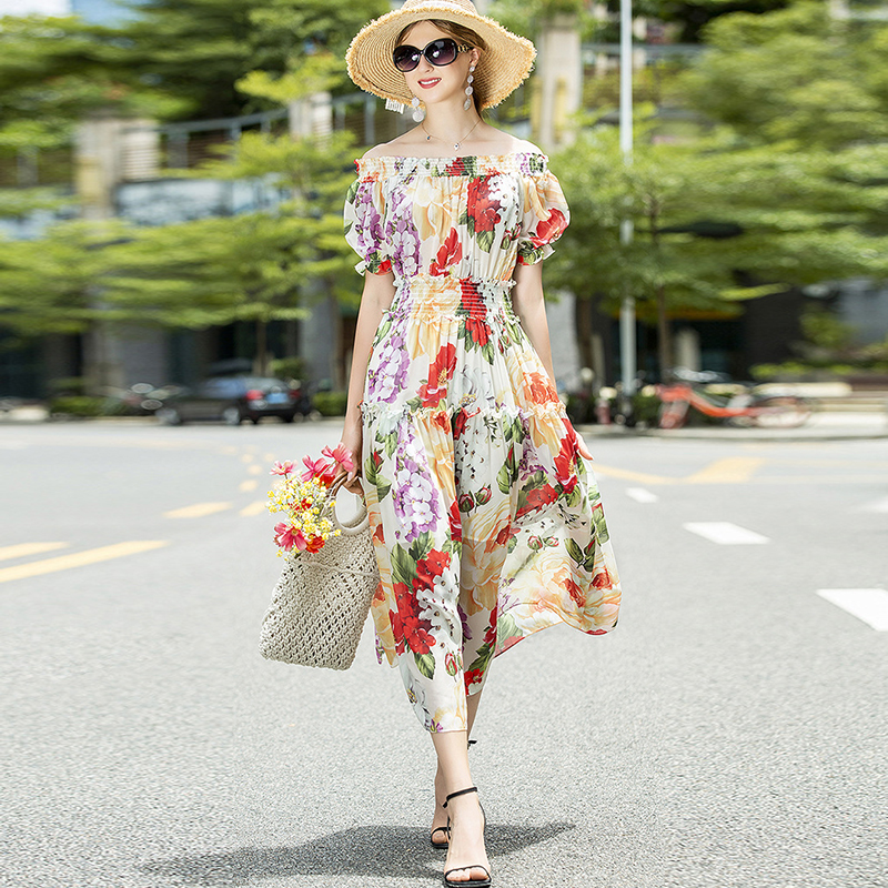 

Women's Runway Dresses Slash Neckline Short Sleeves Elastic Waist Printed Ruffles High Street Sexy Fashion Dress Vestidos, Multi