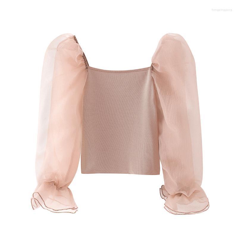 

Women' Blouses & Shirts Casual Work Clothes Chic Square Neck Shirt Top Elegant Organza Fluffy Sleeve Splicing Knitting, As pic ls6464b