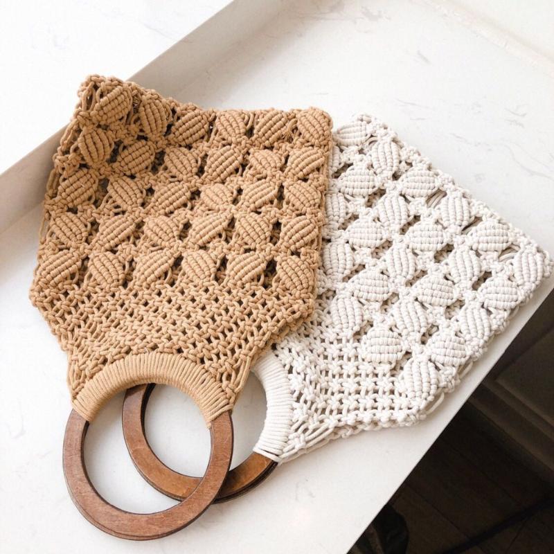 

Evening Bags Spring And Summer Woven Bag Hollow Beach Wooden Handle Ring Straw Handbag Female ToteEvening, Beige