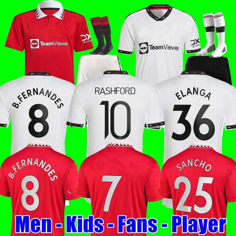 Joueur des fans 22 23 Jerseys de football Sancho Bruno Fernandes Man Utd Rashford Football Shirt 2022 2023 Woman Men Kid Kit Kit McTominay Elanga