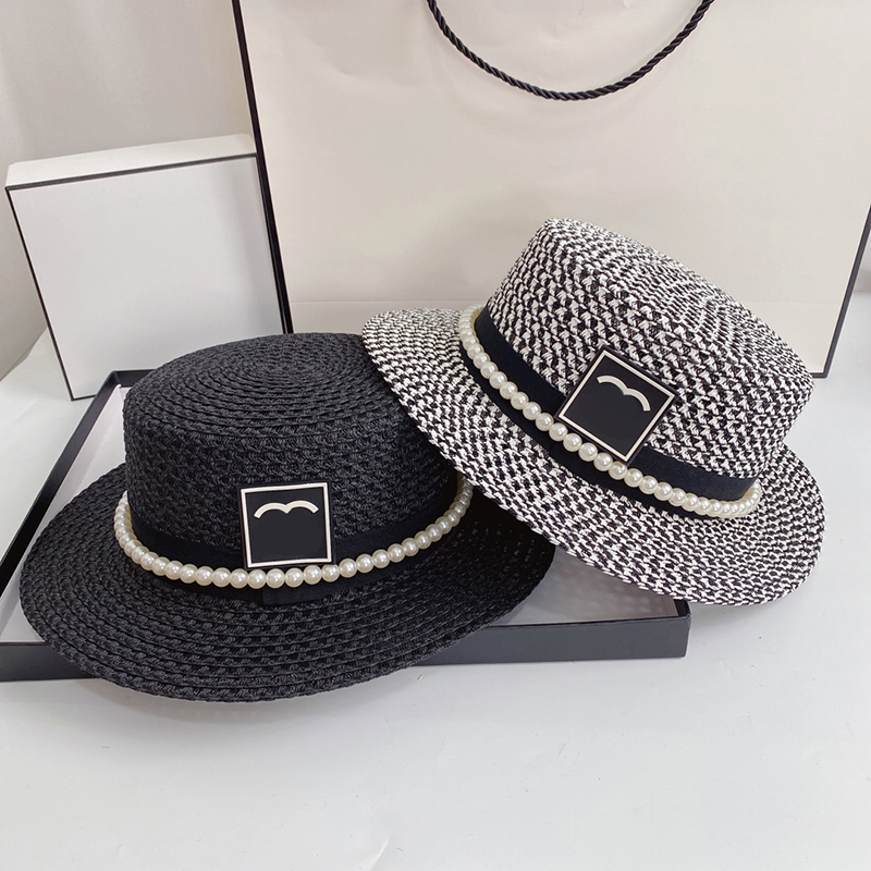 

Designer Bucket Hat Straw Cap Pearl Hats Mens Womens Caps Designers Luxury Letter Patchwork Men Black White Unisex Classic Street Embroidery Cap 2206061D