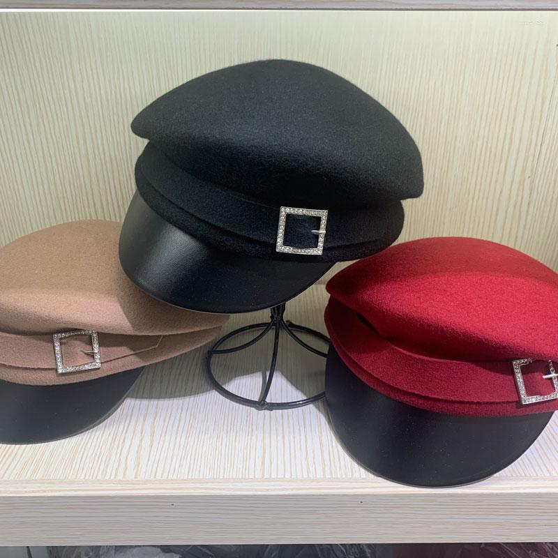 

Visors Korean Fashion Wool Rhinestone Fedora Hats For Women PU Brim Street Lady Kawaii Octagonal Hat Cap Bone HeadcapVisors, Black