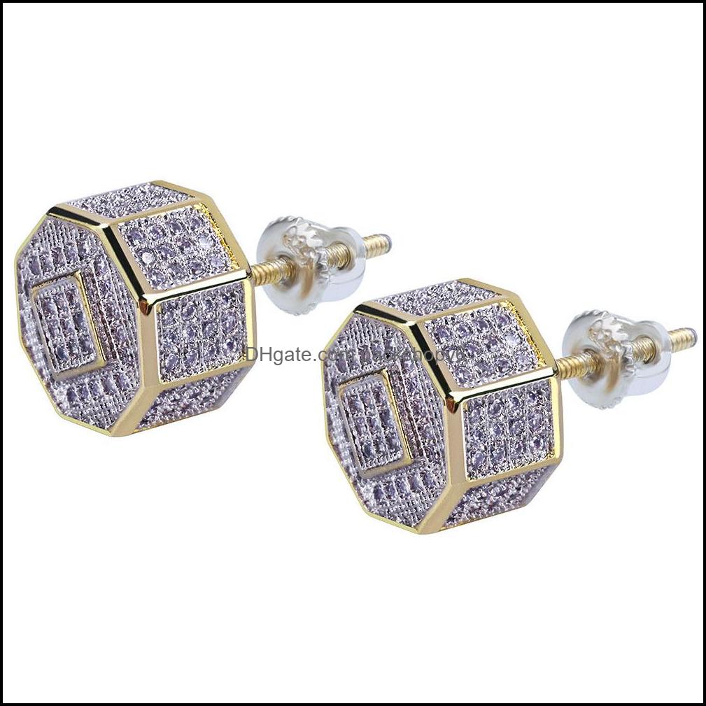 Stud Earrings Jewelry Shining White Zircon Hip Hop Octagon Screw Back Gold Plated Vintage Geometric Drop Delivery 2021 Bg3Li