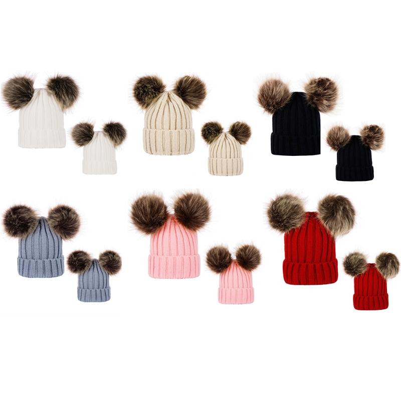 

Berets 066C Solid Color Crochet Christmas Parent-Child Knitted Hat Mom Baby Bonnet Winter, Beige