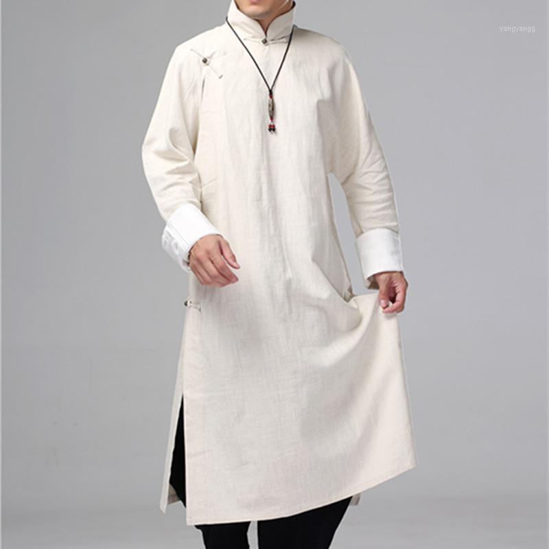 

Men's Linen Long Dress Shirt Traditional Chinese Casual Vintage Male One Piece Clothing Shirts, Beige