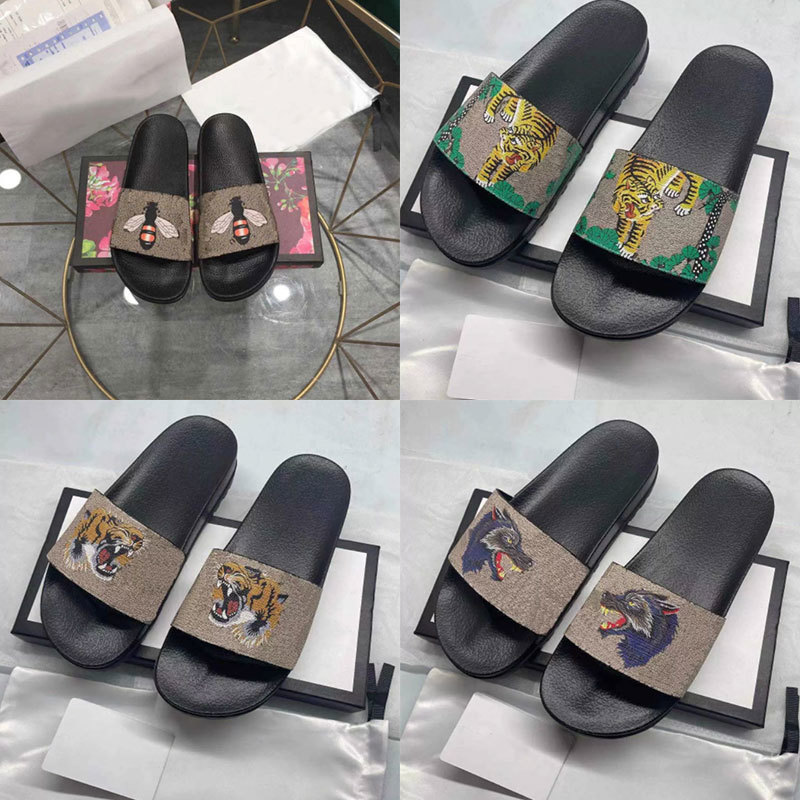 Men Women Slippers Designer Rubber Slides Sandal Flat Blooms Strawberry Tiger Bees Green Red White Web Fashion Shoes Beach Flip Flops Flower