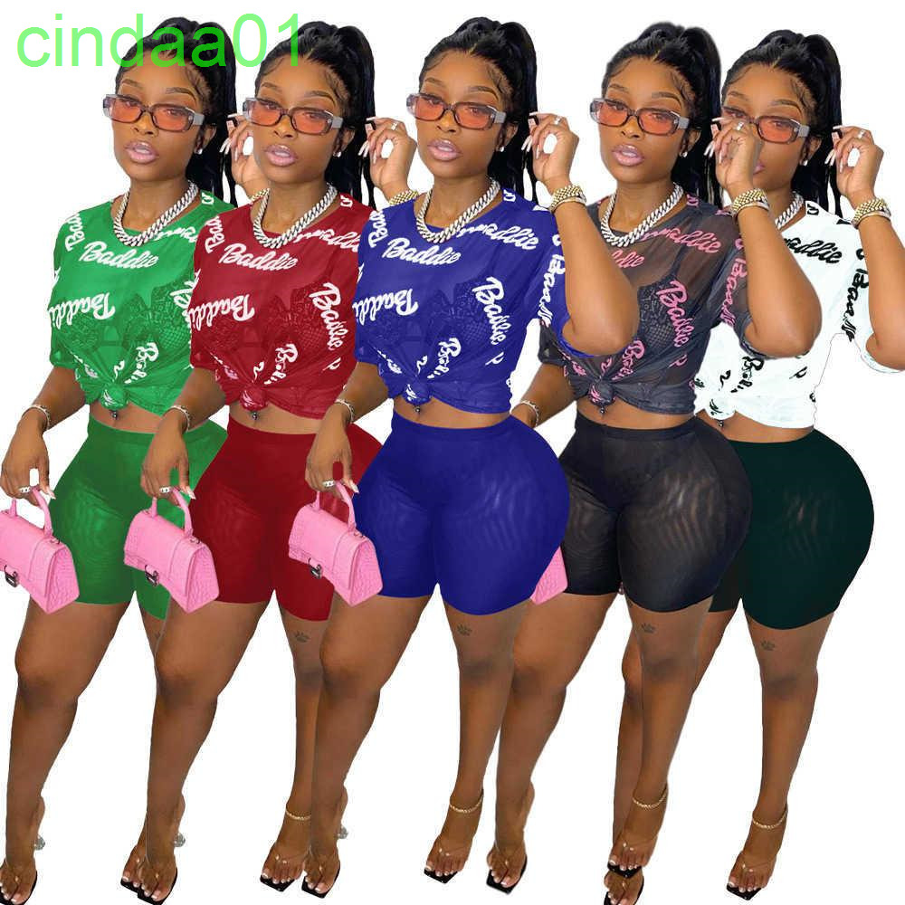 

2022 Summer Designer Tracksuits For Women Sexy Sheer Yoga Short Pants 2 Pieces Outfits Letter Print T Shirts Mesh Shorts Clothing, White