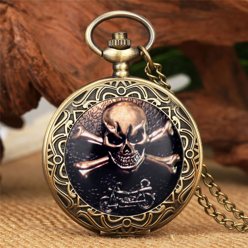 

Steampunk Skull Motorcycle Pocket Watch Antique Quartz Analog Display Clock for Men Women 80CM Necklace Chain Gift, Bronze