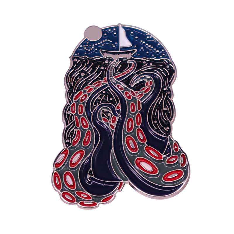 

Horror Cthulhu Octopus Boat Enamel Brooch Pins Metal Badges Lapel Pin Brooches Jackets Jeans Fashion Jewelry Accessories, As picture