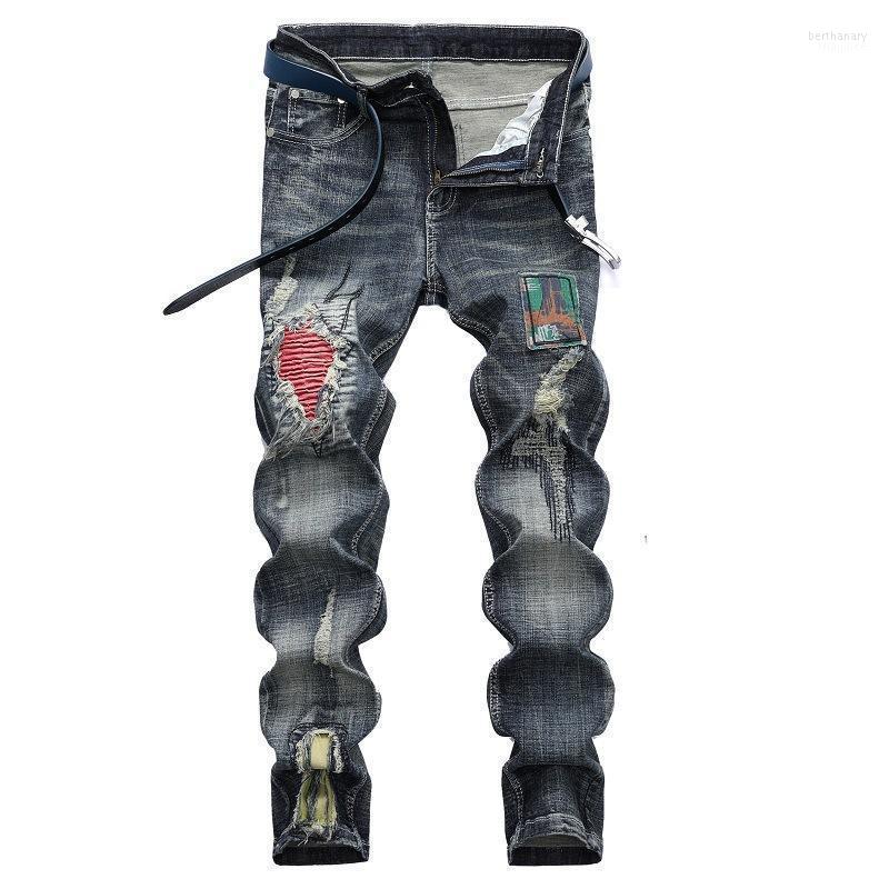 

Men's Jeans Biker Men Pants Hole Ripped Vintage Coated Straight Moto Denim Distressed Hip Hop Streetwear Slim FitMen's Bert22, Blue