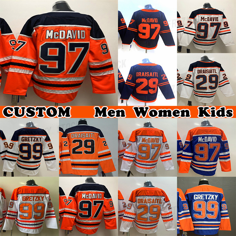 

97 Connor McDavid Jersey 29 Leon Draisaitl 91 Evander Kane 18 Zach Hyman 93 Ryan Nugent-Hopkins 99 Gretzky Custom Mens Womens Youth Any Name Any Number hockey jerseys, Blue mens