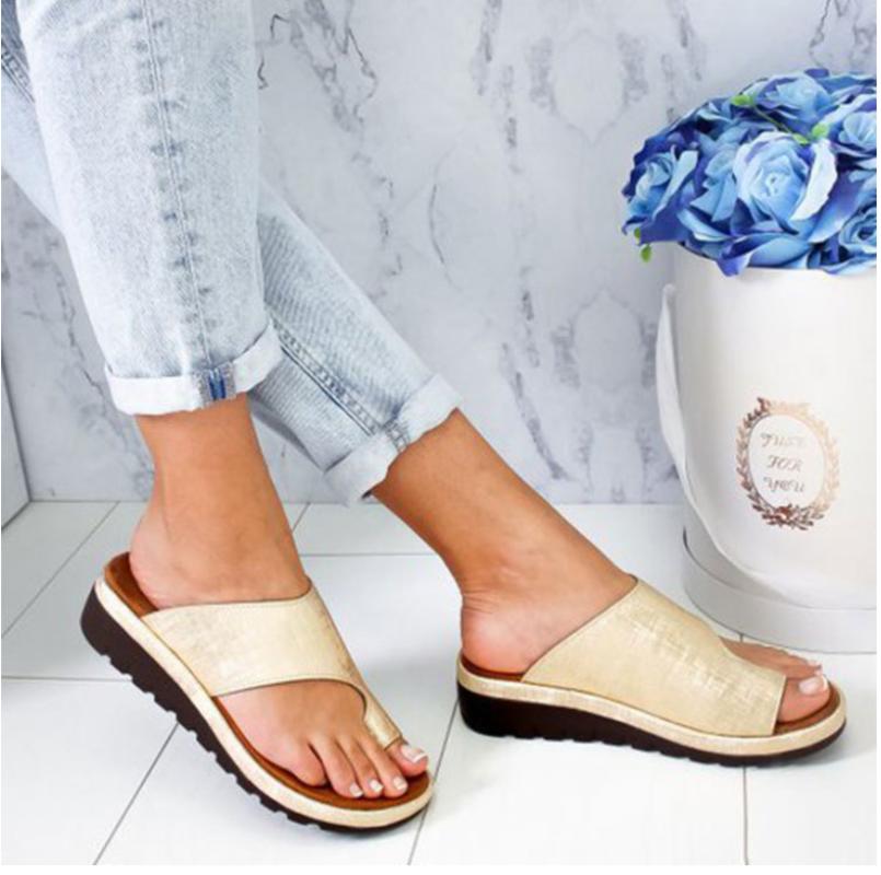 

Slippers Luxury Women Flip Flops Summer Fashion Pu Leather Leisure Shoes Wedges Female Sandal Corrected Foot ShapeSlippers, Gold