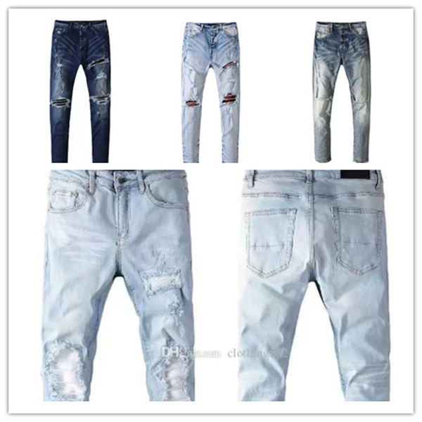 

Men's Distressed Ripped Skinny Jeans Fashion Mens Motorcycle Moto Long Off Cotton Slim Feet High Street Denim Light Blue Paste Cloth Hole Size 40 Pants Hip Hop Men