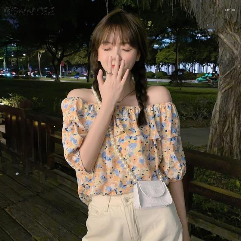 

Women' Blouses & Shirts Women Korean Style Fashion Baggy Comfortable Slash Neck Puff Sleeve Elegant All-match Summer Floral Clothing Female, Pink