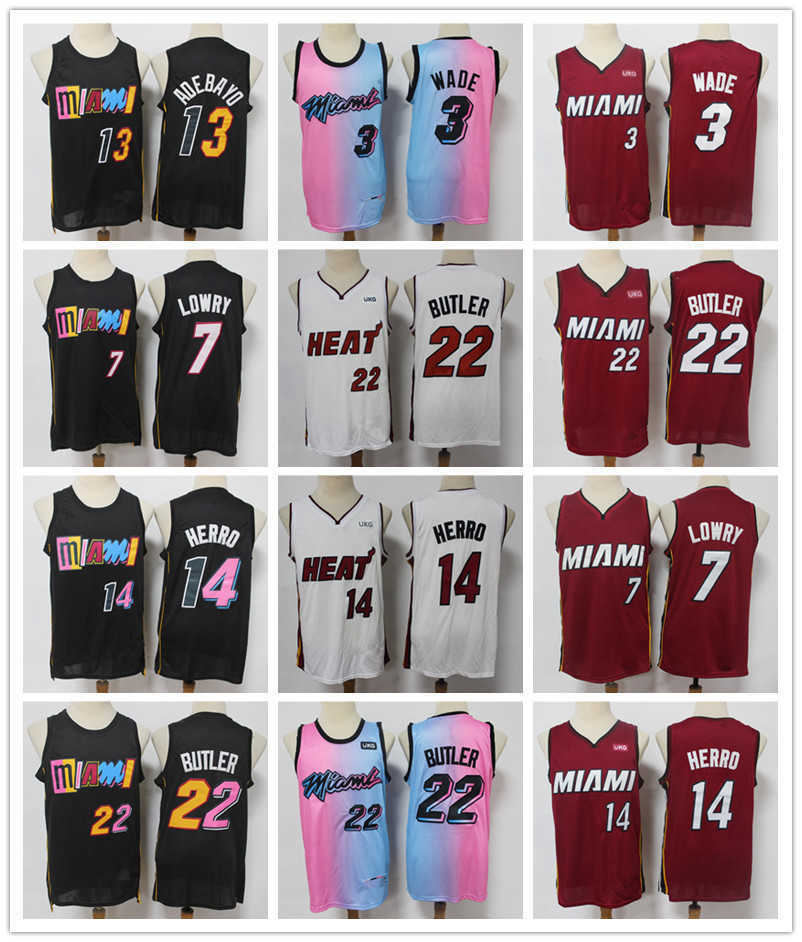 

Miami's MEN Heat's Jersey Dwyane 3 Wade Tyler 14 Herro Jimmy 22 Butler Kyle 7 Lowry Basketball Jerseys pink yellow black blue, Color