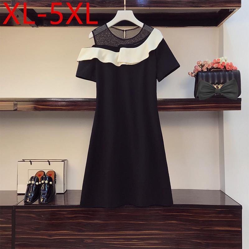 

Plus Size Dresses Ladies 2022 Summer For Women Large Patchwork One Shoulder Ruffles Elegant Black Dress  2XL 3XL 4XL 5XL Jona22