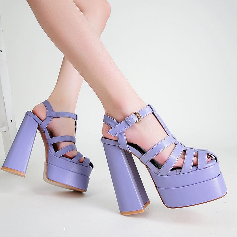 

Sandals Brand Big Size 42 Summer Multi Colors Chunky Heeled Mules High Heels Sexy Party Platform Heel Grid Shoes For WomenSandals, Beige