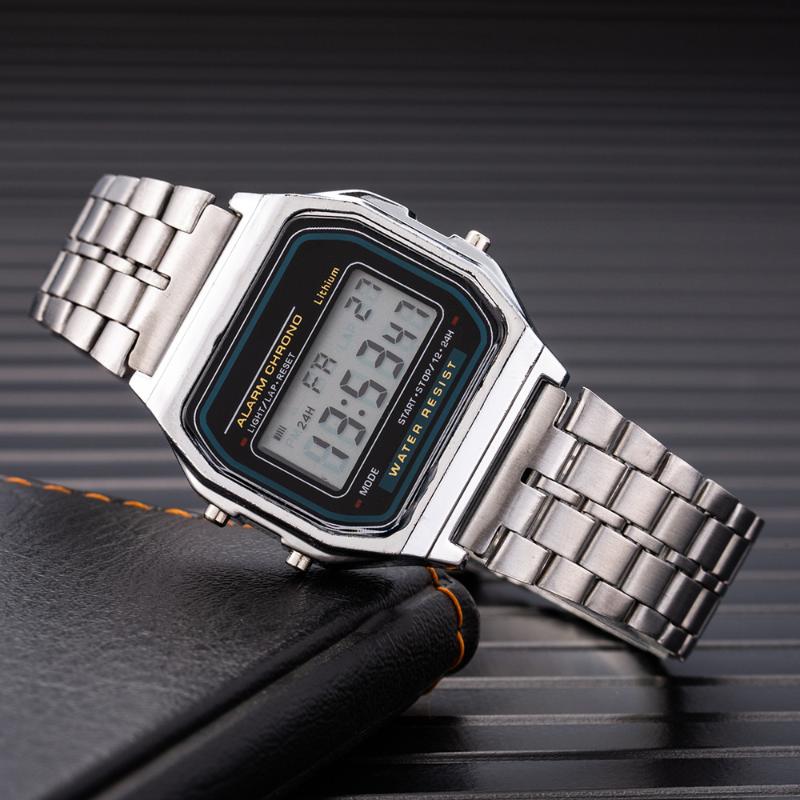 

Wristwatches Digital Watch For Men LED Watches Male Electronic Clock Lover Stainless Steel Strap Kol SaatiWristwatches, Silver