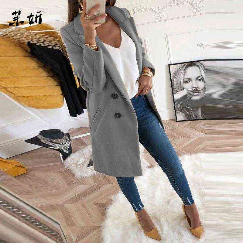

Women's Trench Coats Women Coat Winter 2021 Slim Long Sleeve Turn-Down Collar Autumn Blends Jacket Office Lady Wool 3XL Plus Size T220811, Grey