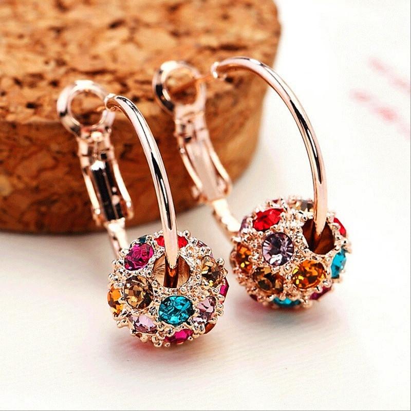 

Clip-on & Screw Back Female Luxury Rainbow Crystal Stone Earrings Rose Gold Silver Color Clip For Women Wedding Cute Bridal Ball