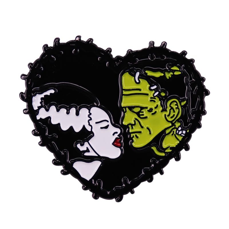 

Sweet Love Bride Enamel Pin Heart-shaped Badge Movie Frankenstein Fan Collection Gift Personality Couple Jewelry S1000, As picture