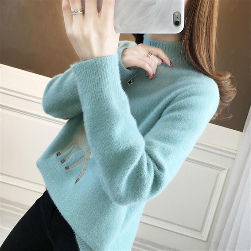 

Women's Sweaters Winter Autumn Embroidery Half High Collar Long Sleeve Sweater Women Loose Pullover Korean Fashion Faux Mink Cashmere Tops F, Pink