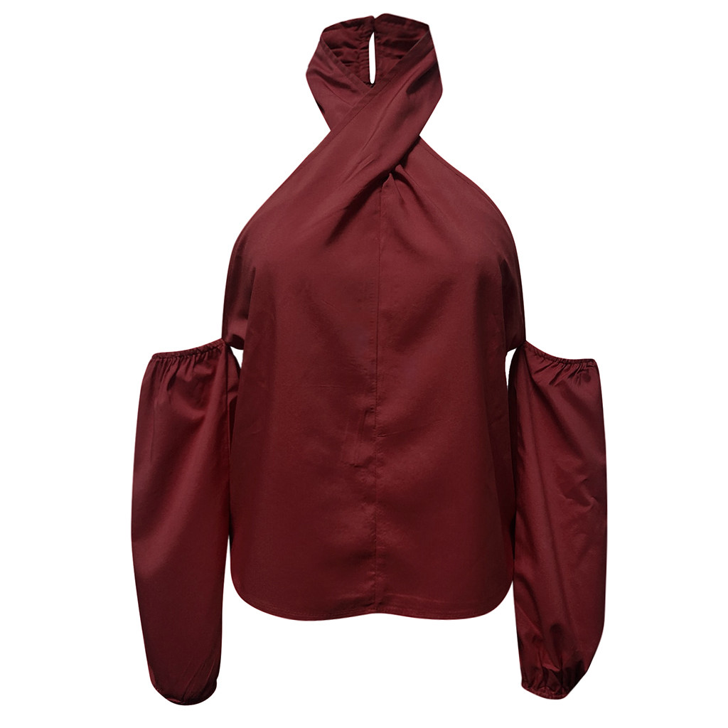 

Fashion Solid Halter Shirt Blouse Shoulder Casual Autumn Ladies Loose Bottom Tops Female Women Long Sleeve Blusas Pullover, Wine
