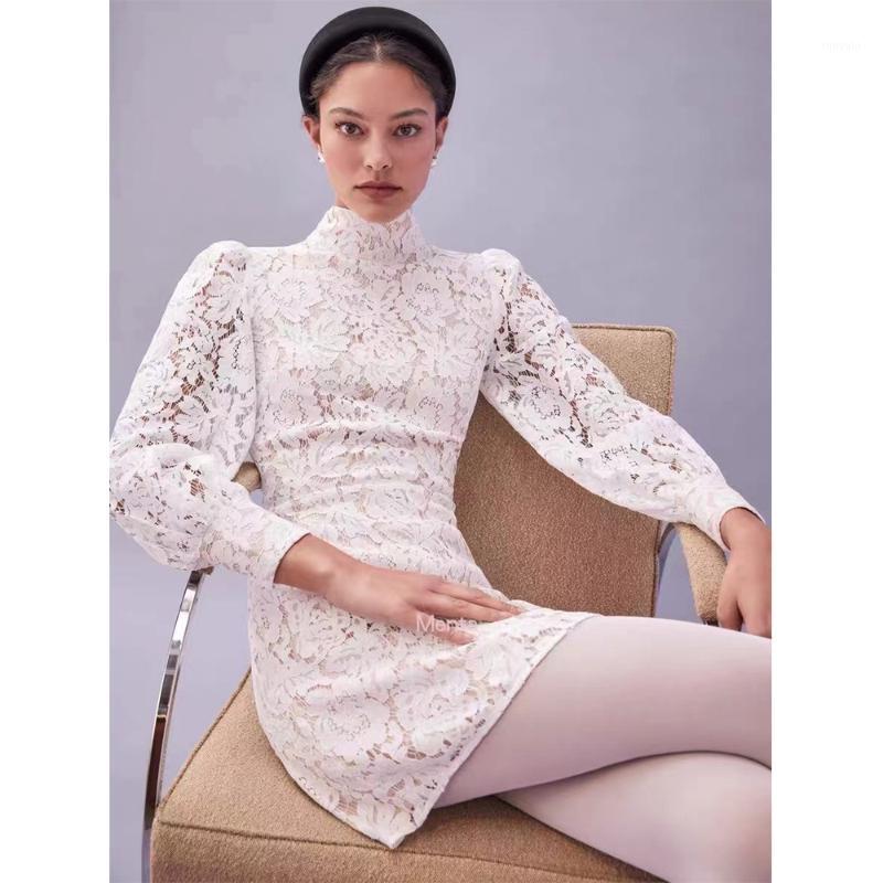 

Casual Dresses REF Simple White Lace Hollow Stand Collar Lantern Sleeve Short Ladies Temperament Dress, As pic