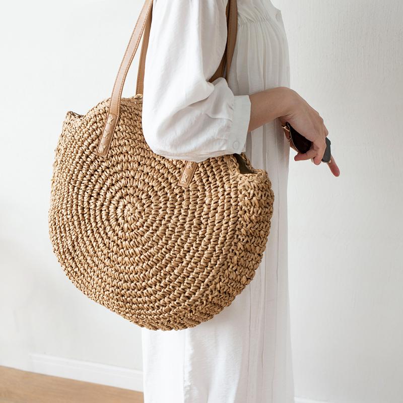 

Cross Body Bohemian Round Straw Bag Hollow Wikcer Woven Women Shoulder Bags Handmade Rattan Handbags Summer Beach Large Tote Travel Purses, Beige