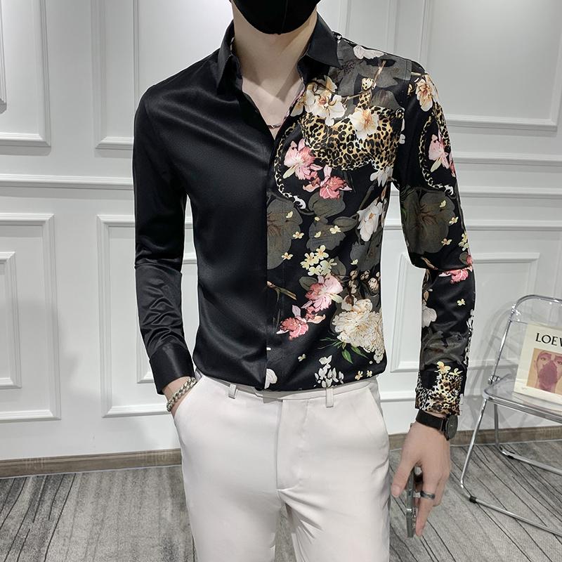 

Men's Casual Shirts Black/White Fashion Patchwork Color Print Long Sleeve Tuxedo Men Clothing 2022 Simple Slim Fit Dress StreetwearMen's