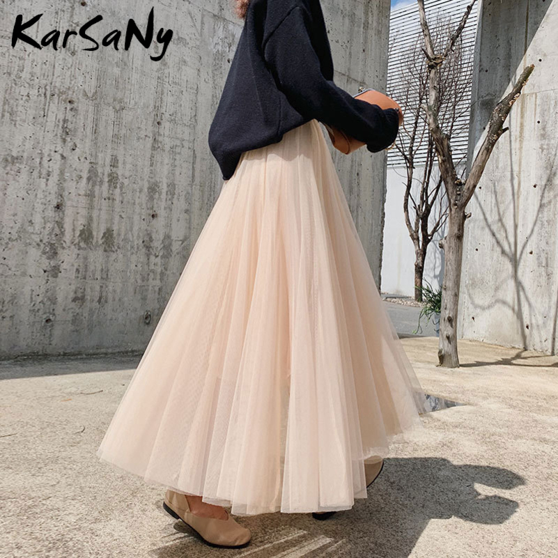 

Womens Tulle Skirt Long Black Spring Summer High Waist Maxi Skirts For Women Long Skirt Tulle Woman White Mesh Skirts Y200326, Gray