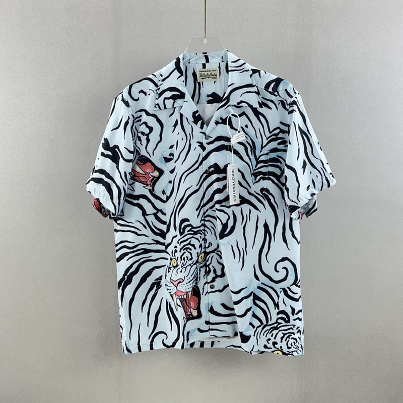 

22ss Japan Allover Tiger Pattern Tee Hawaii Beach Casual Shirt Spring Summer Cool Hip hop Short Sleeve, White