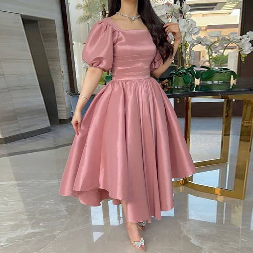 

Blush Pink Saudi Arabia Midi Prom Dresses A Line Dubai Formal Prom Party Gowns Short Sleeves Pleats Women's Evening, Red