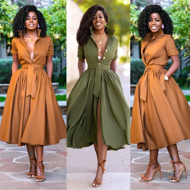 

Plus Size Dresses 2022 Ladies Summer African Style V-Neck Sashes Pockets Sexy Casual Dress For Women Jona22, Green