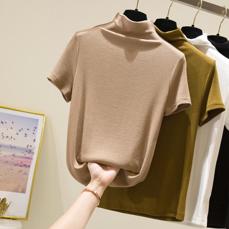 

Women' T-Shirt Half Turtleneck Solid Basic T Shirt Women 2022 Summer Short Sleeve Slim Tee Femme Fashion Tops, Beige