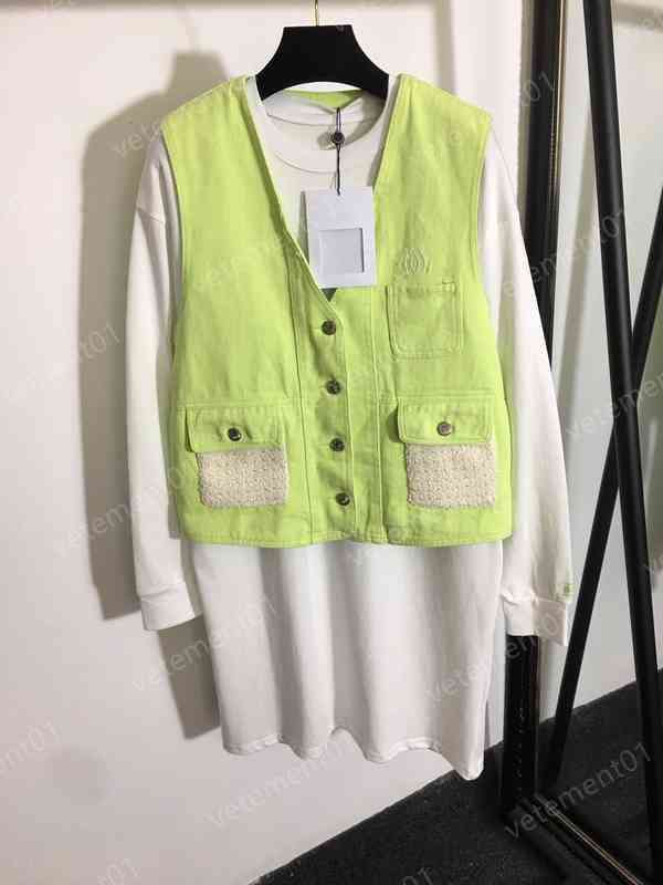 

Fashion Womens Dress C..el Vest Denim Jacket And Long Sleeve Dress 2 Piece Sets Temperament Luxury Sexy Designer Women Clothing 0912