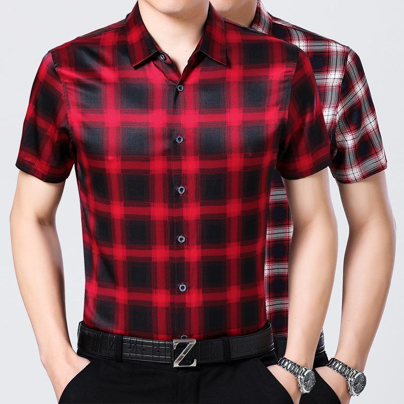 

Men's Casual Shirts Summer Man Silk Shirt Young And Middle-aged Wear Business Men's Half Sleeved ShirtMen's, Red