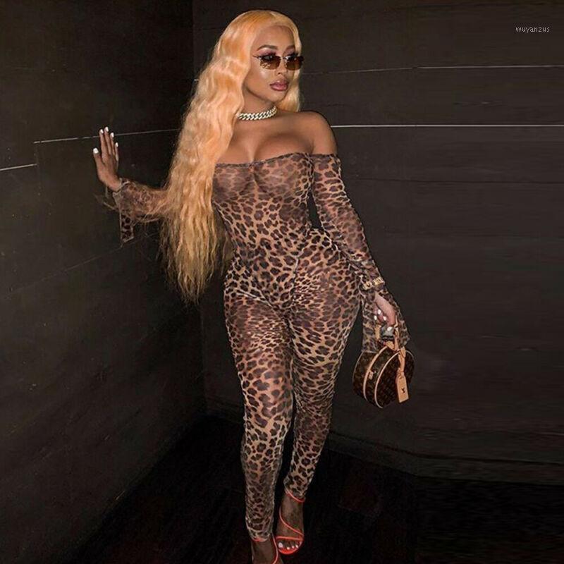 

Leopard Sexy Skinny Jumpsuit Women Off Shoulder Flare Long Sleeve Bodycon Bodysuit Streetwear Front Zipper Club Party Rompe