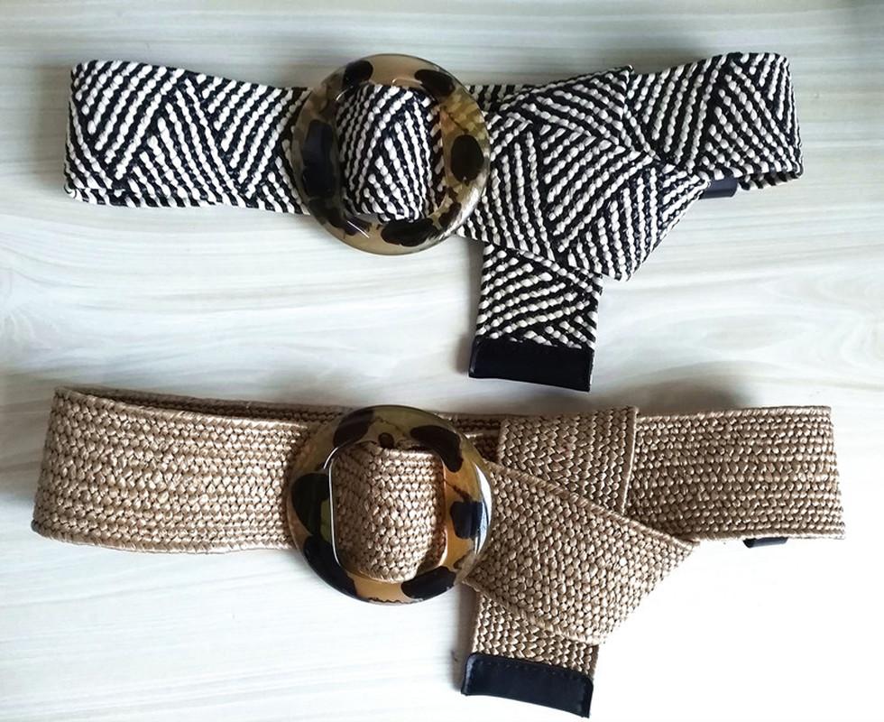 

Belts Female Elastic Woven Straw Decoration Luxury Fashion Dress Women Waist Belt Girls Knitted Wax Rope Leopard BuckleBelts, Black